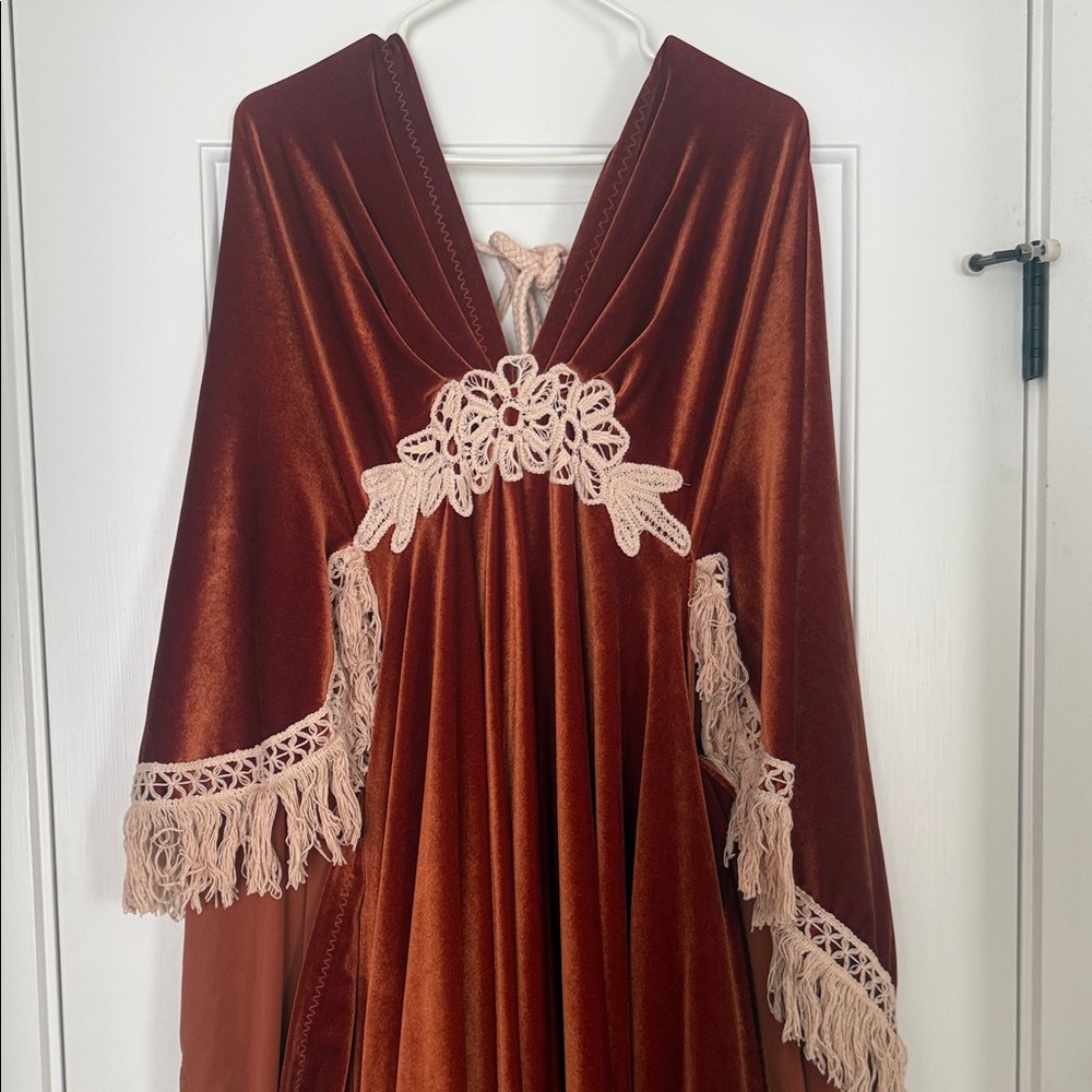 Reclamation dress Elegant Rust Velvet Gown with Lace Trim - Picture 8 of 11